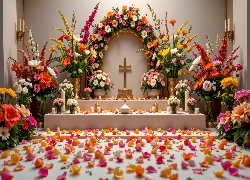 Ołtarzyk, Krzyż, Świece, Bukiety, Kwiaty, Płatki, Kwiatów