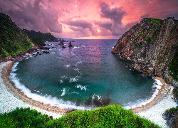 Hiszpania, Asturia, Morze, Zachód słońca, Góry, Skały, Zatoka, Plaża, Playa del Silencio