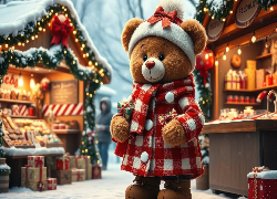 Miś, Pluszowy, Czapka, Płaszczyk, Jarmark, Świąteczny, AI