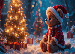 Boże Narodzenie, Choinka, Miś pluszowy, Czapka, Śnieg, Prezenty