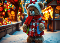 Pluszowy, Miś, Płaszcz, Szalik, Czapka, Śnieg, AI