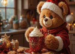 Pluszowy, Miś, Czapka, Ubranko, Kubek, Bita, Śmietana, Ciastka, Prezent, Bombka, Stół, Świąteczne