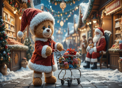 Świąteczne, Zabawki, Pluszowy, Miś, Czapka, Wózek, Prezenty, Jarmark