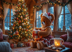 Boże Narodzenie, Choinka, Miś pluszowy, Prezent, Filiżanka, Okna, Dekoracje, AI