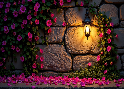 Ściana, Mur, Purpurowe, Kwiaty, Świecący, Lampion, Płatki, Kwiatów