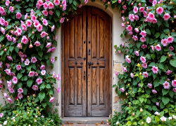 Drewniane, Drzwi, Ściana, Pnące, Różowe, Kwiaty