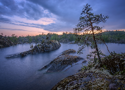 Rosja, Karelia, Jezioro, Ładoga, Skały, Drzewa