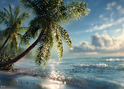 Palmy, Ocean, Morze, Grafika AI