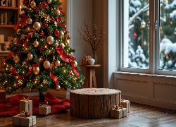 Choinka, Prezenty, Podium, Okno, Boże Narodzenie, Grafika AI