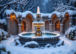 Zima, Ośnieżona, Budowla, Oświetlenie, Lampion, Fontanna, Krzewy