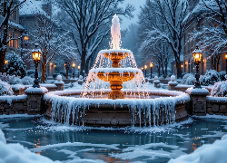 Zima, Fontanna, Latarnie, Ośnieżone, Drzewa, Kamienice