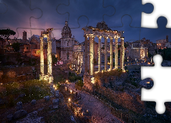 Włochy, Rzym, Ruiny, Forum Romanum, Świątynia Saturna, Noc, Światła