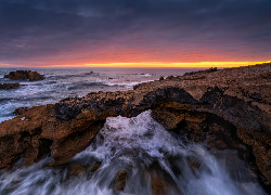 Morze, Skały, Zachód słońca, Cabo Raso, Portugalia