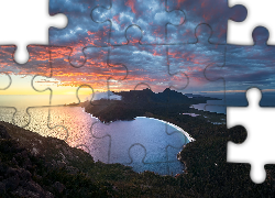 Morze, Skały, Kamienie, Zachód słońca, Chmury, Półwysep Freycineta, Park Narodowy Freycineta, Tasmania, Australia