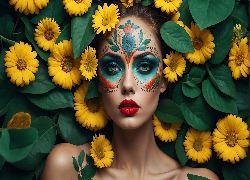 Kobieta, Makijaż, Pomalowana, Twarz, Żółte, Kwiaty