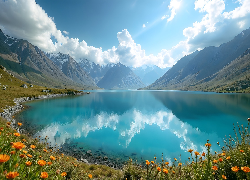 Góry, Jezioro, Kwiaty, Chmury, Odbicie, AI