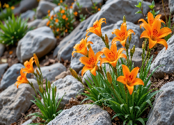 Kwiaty, Pomarańczowe, Lilie, Kamienie, Grafika AI