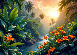 Kwiaty, Lilie, Drzewa, Palmy, Liście, Rzeka, Kamienie, Niebo