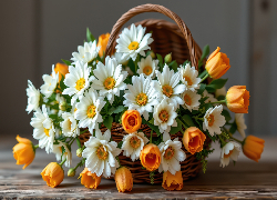 Kwiaty, Białe, Chryzantemy, Pomarańczowe, Tulipany, Bukiet, Koszyk, Deski