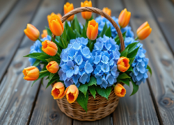 Kwiaty, Tulipany, Hortensje, Niebieskie, Koszyk, AI