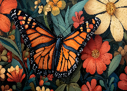 Pomarańczowy, Motyl, Kwiaty, Listki, Grafika 2D