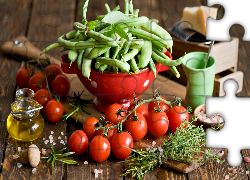 Pomidory, Fasolka zielona, Zioła, Olej, Czerwona, Miska
