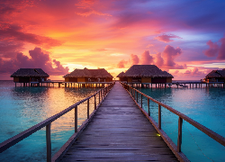 Pomost, Domki, Morze, Zachód słońca, Atol Addu, Malediwy