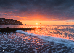 Wschód słońca, Morze, Fala, Pomost, Wybrzeże, Swanage, Dorset, Anglia