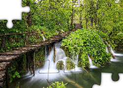 Wodospad, Park Narodowy Jezior Plitwickich, Pomost, Drzewa, Rośliny, Chorwacja