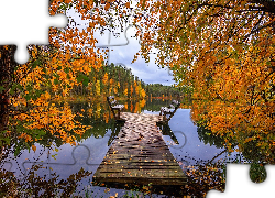Jezioro, Jesień, Drzewa, Pomost, Ławki, Liście