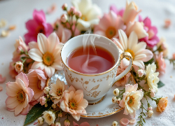 Filiżanka, Herbata, Talerzyk, Kolorowe, Kwiaty