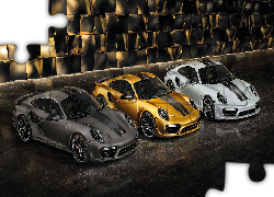 Trzy, Porsche 911 Turbo S Exclusive, Czarny, Złoty, Biały