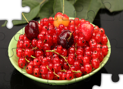 Owoce, Czerwona porzeczka, Czereśnie, Talerzyk, Liście