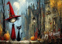 Postać, Kot, Dynie, Domy, Halloween, Grafika AI