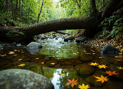 Las, Potok, Powalone, Drzewo, Liście