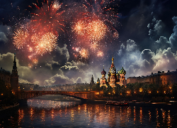 Nowy Rok, Fajerwerki, Rzeka, Most, Cerkiew, Sobór Wasyla Błogosławionego, Noc, Niebo, Moskwa, Rosja