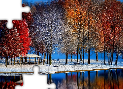 Jesień, Śnieg, Park, Drzewa, Altanka