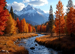 Jesień, Drzewa, Rzeka, Góry, Szczyty, Ośnieżone, Śnieg