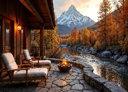 Jesień, Góry, Drzewa, Rzeka, Dom, Taras, Ogień, Fotele