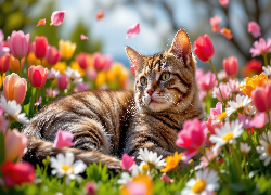 Kot, Bury, Kwiaty, Tulipany