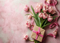 Różowe, Tulipany, Prezent, Wstążki
