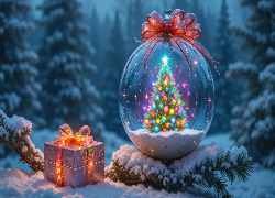 Boże Narodzenie, Szklana, Kula, Udekorowana, Choinka, Prezent, Kokardy, Śnieg, AI