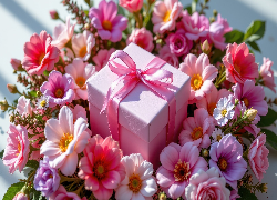 Pudełko, Prezent, Różowa, Wstążka, Kolorowe, Kwiaty