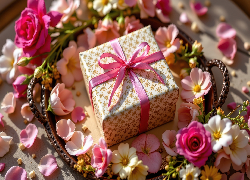 Pudełko, Prezent, Kokarda, Kwiaty, Taca