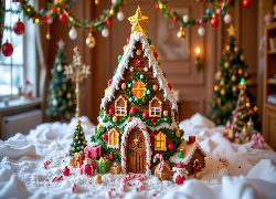 Boże Narodzenie, Piernik, Domek, Choinki, Bombki, Prezenty
