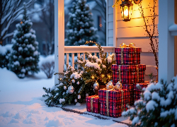 Zima, Taras, Prezenty, Lampa, Ośnieżone, Drzewa, Boże Narodzenie