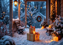 Zima, Śnieg, Ławki, Prezenty, Lampiony, Krzewy, Boże Narodzenie