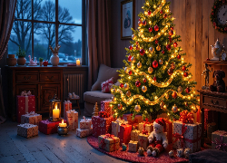 Boże Narodzenie, Salon, Choinka, Okno, Prezenty, Świece