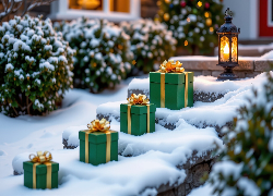 Zima, Ośnieżone, Schody, Krzewy, Prezenty, Lampion