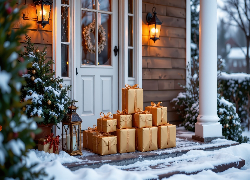 Zima, Dom, Drzwi, Lampiony, Prezenty, Ośnieżone, Schody, Choinka, Boże Narodzenie